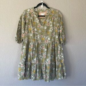Cynthia Rowley Linen Blend Green Floral Tiered Mini Dress Size M